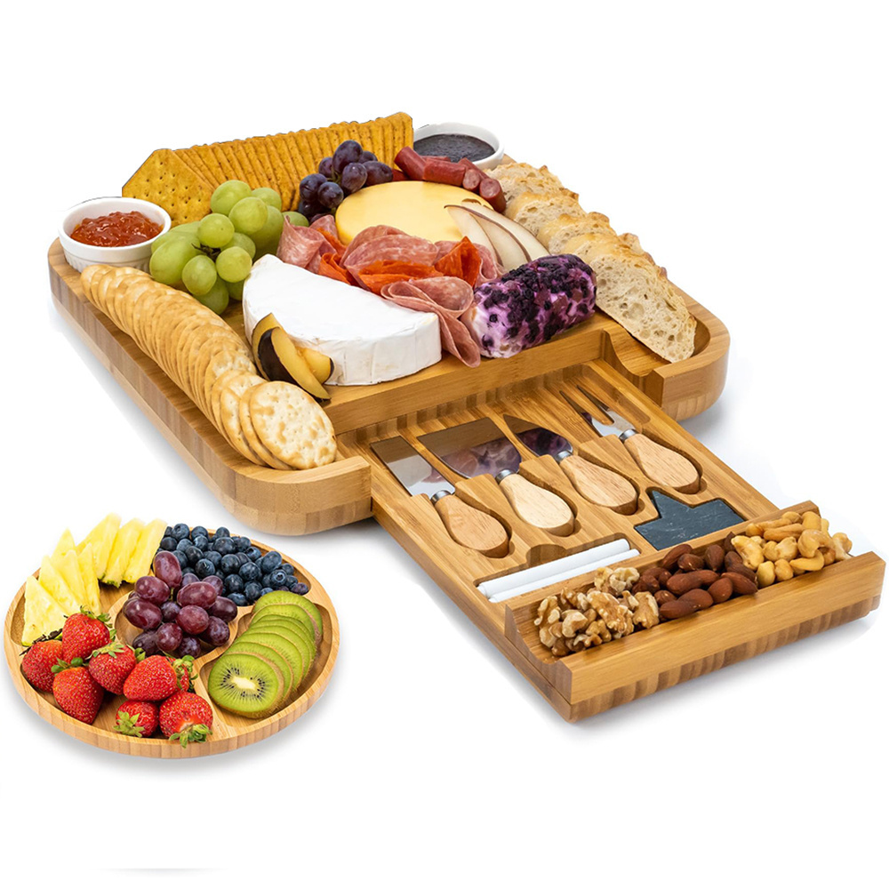 Bamboo Cheese Board with Cutlery Set Wood Charcuterie Platter and Serving Meat Board with Slide-Out Drawer