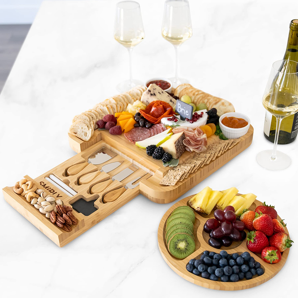 Bamboo Cheese Board with Cutlery Set Wood Charcuterie Platter and Serving Meat Board with Slide-Out Drawer