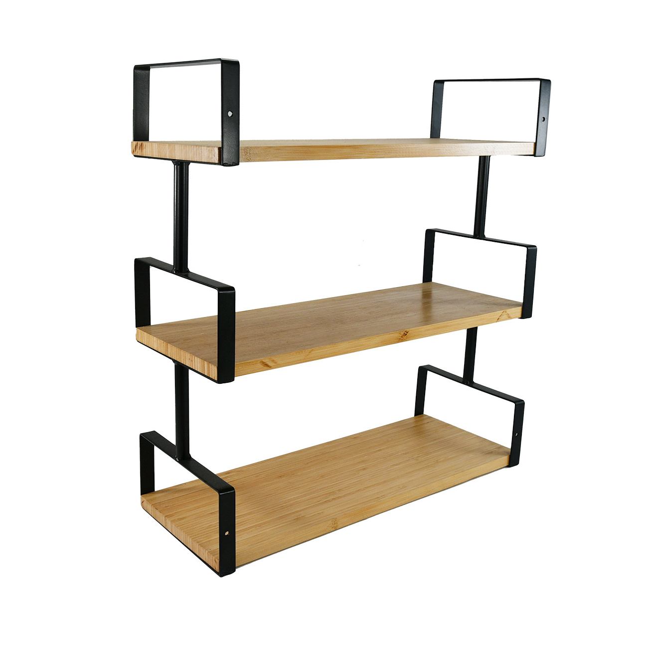 3 Tier Floating Wall Mounted Shelf Bamboo Wood Bathroom Shelves with Black Metal Frame for Bedroom Living Room