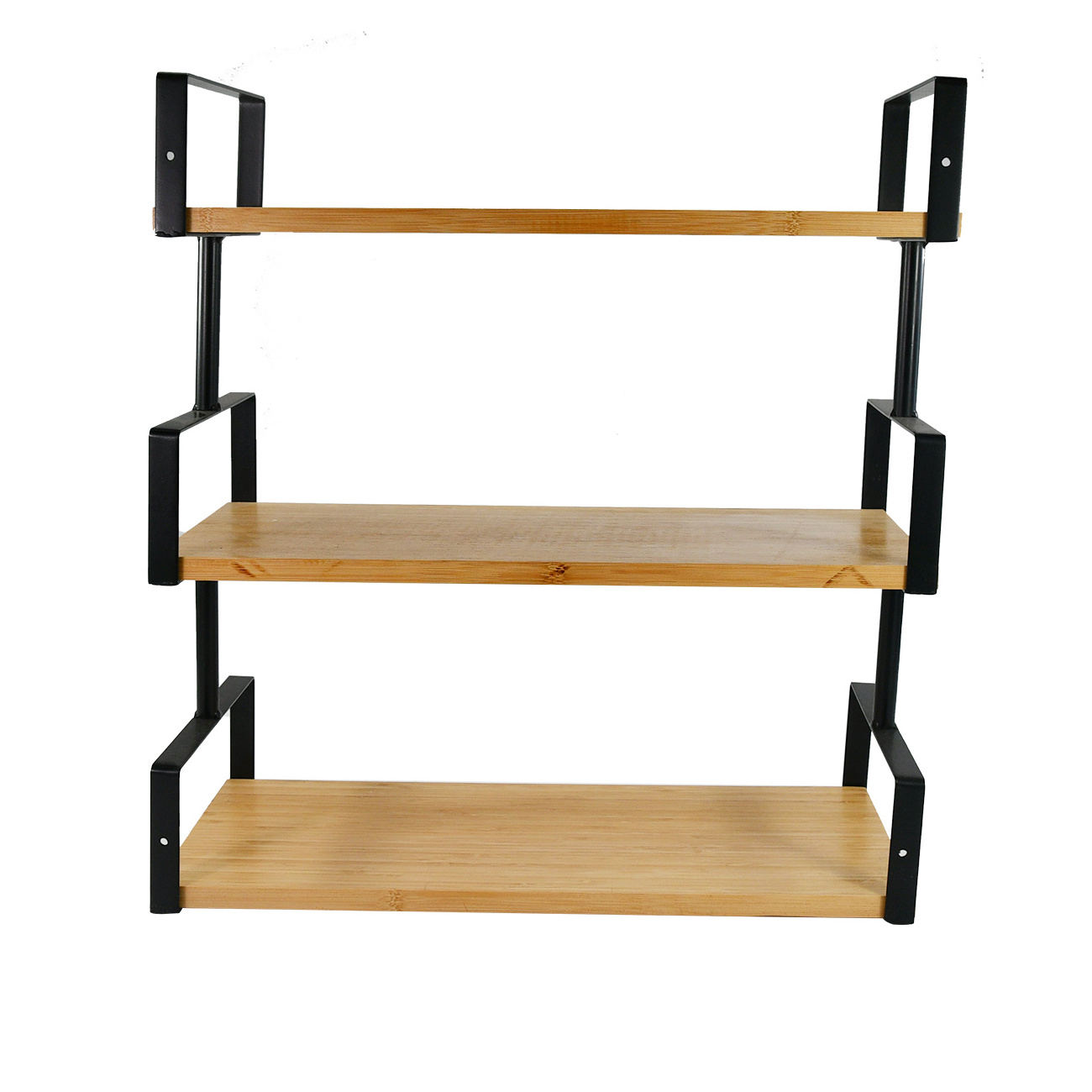 3 Tier Floating Wall Mounted Shelf Bamboo Wood Bathroom Shelves with Black Metal Frame for Bedroom Living Room