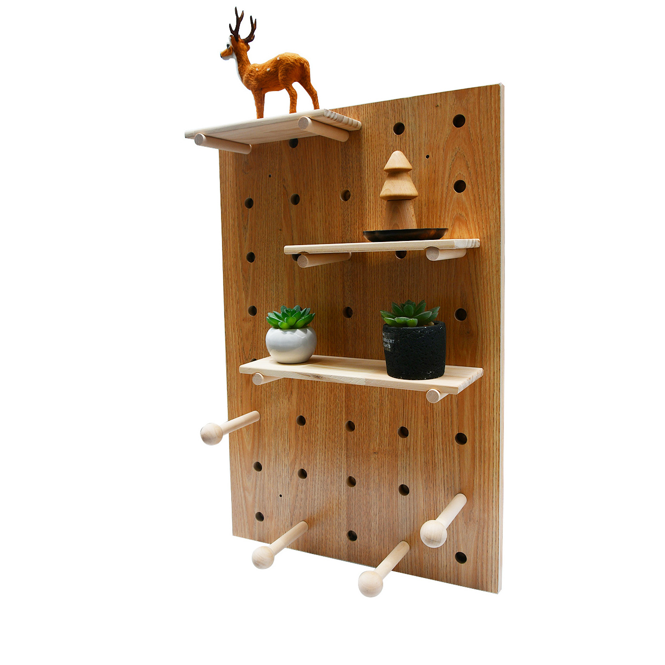 YOULKE Wood Panel Pegboard Modular Hanging Storage Organizer Coat Rack Shelf Wooden Floating Shelves for Wall