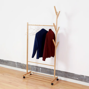 Hot Sale Premium Quality Living Room Tree Shaped Wooden Coat Drying Bamboo Rack Clothes Hanger Stand With Roller Wheel