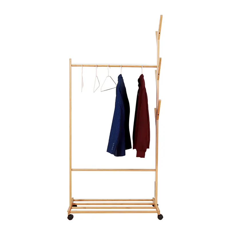 Hot Sale Premium Quality Living Room Tree Shaped Wooden Coat Drying Bamboo Rack Clothes Hanger Stand With Roller Wheel