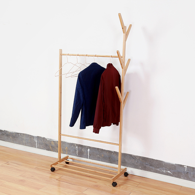 Rolling 3-in-1 Clothes Hanging Organizer Bamboo Coat Rack On Wheels with Storage Shelf and 6 Hooks for Hats and Scarves