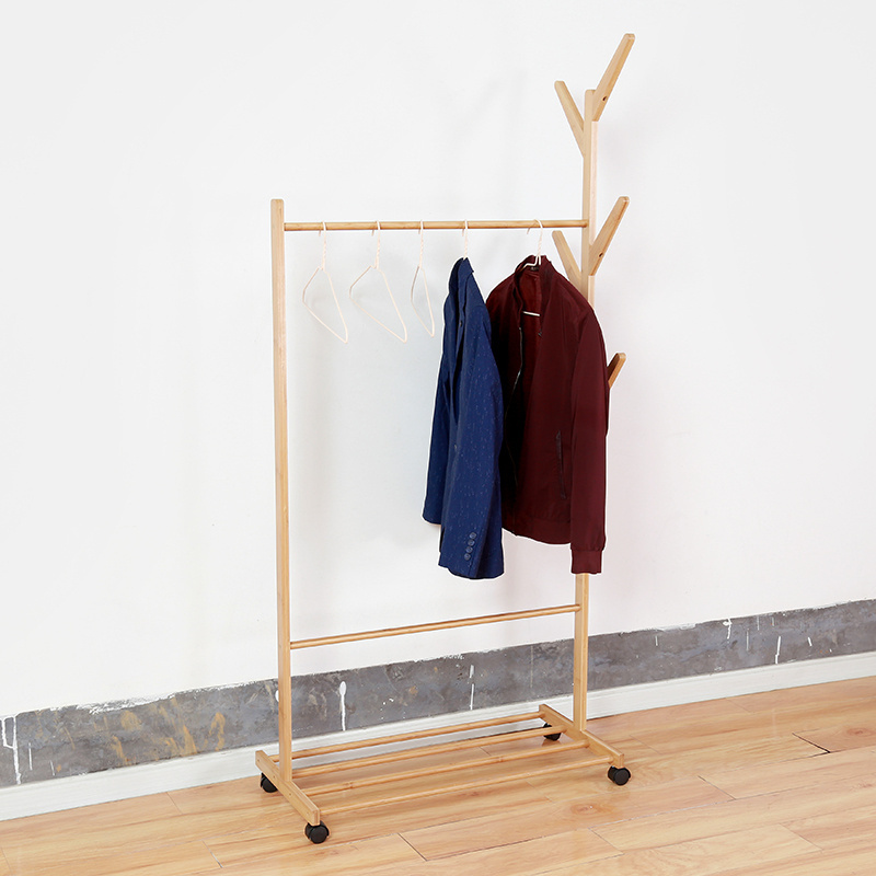 Rolling 3-in-1 Clothes Hanging Organizer Bamboo Coat Rack On Wheels with Storage Shelf and 6 Hooks for Hats and Scarves