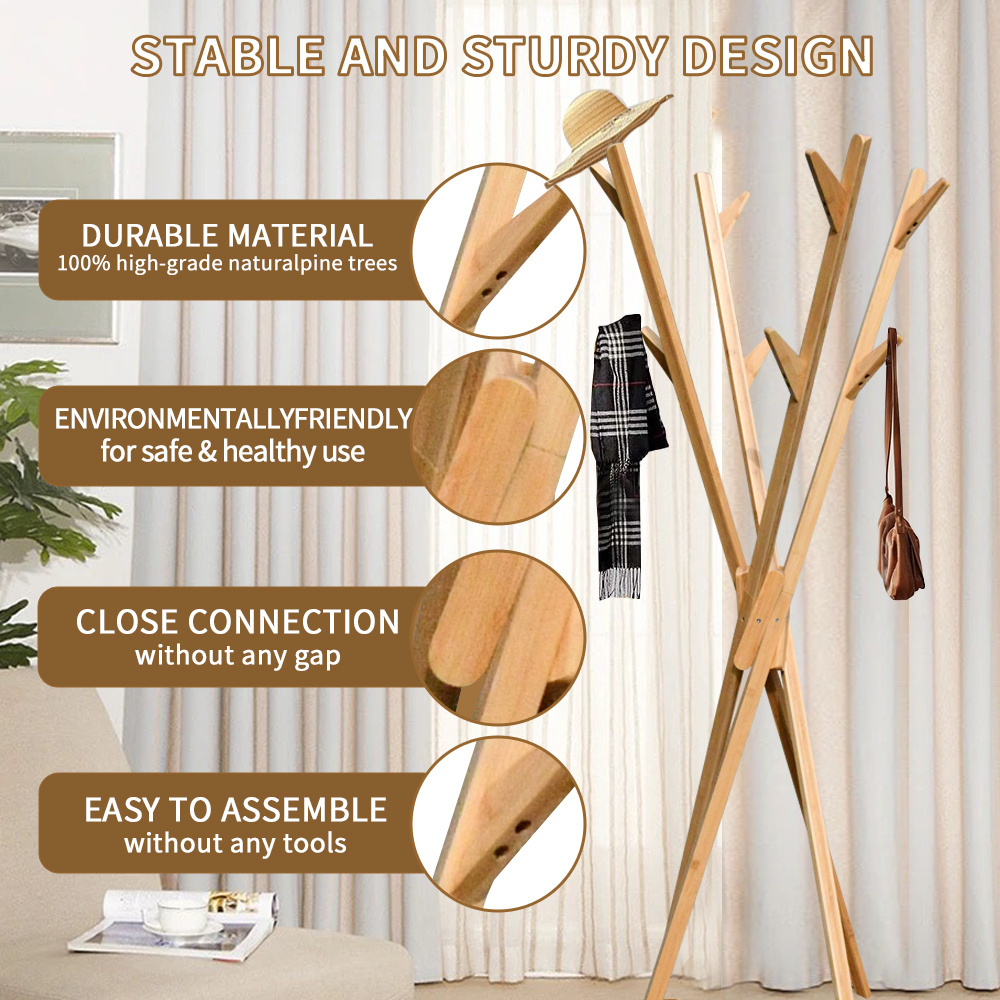 Custom Wooden Freestanding  Coat Hangers Racks with 8 Hooks for Bags Scarfs Hats Sturdy Wooden Coat Rack Stand