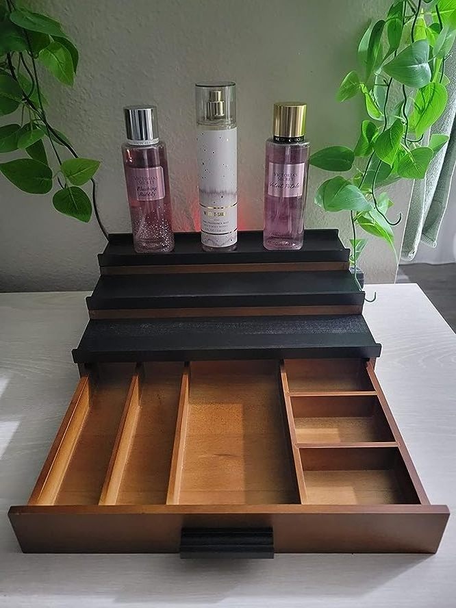 Wooden Perfume Organizer for Men 3 Tier of Elevated Display Shelf with Drawer Storage Perfume Organization