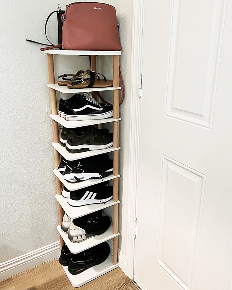 8 Tiers Vertical Narrow Shoe Rack Organizer, Stylish Wooden Space Saving Shoe Storage Stand/ Shelf/ Tower Free Standing