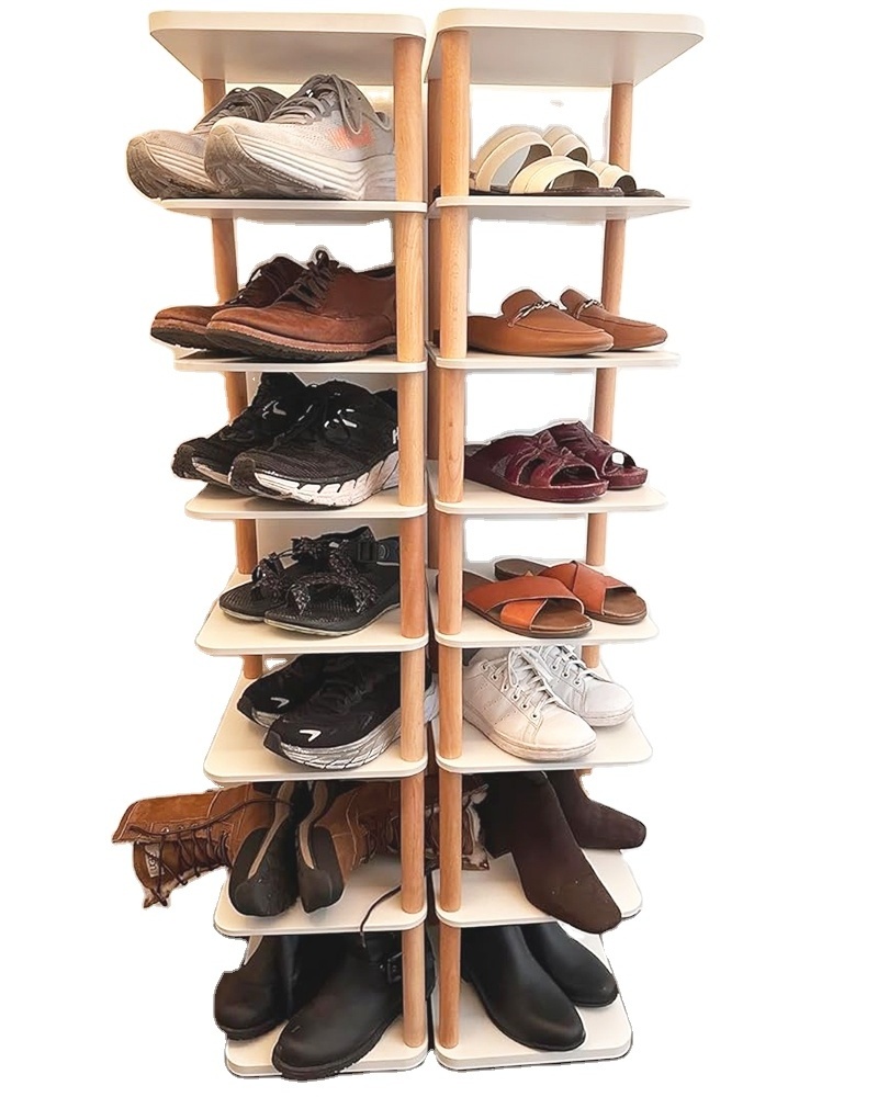 8 Tiers Vertical Narrow Shoe Rack Organizer, Stylish Wooden Space Saving Shoe Storage Stand/ Shelf/ Tower Free Standing