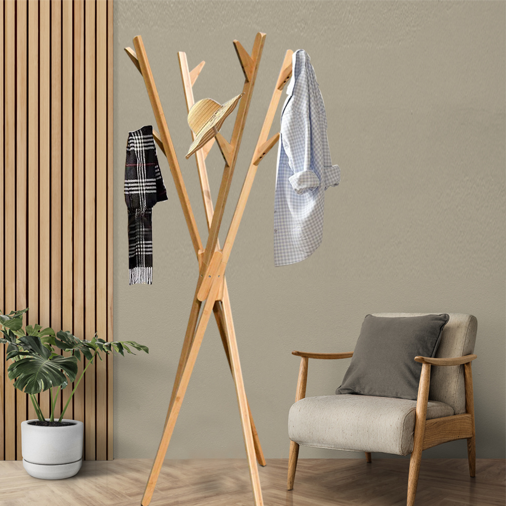 Sturdy Wooden Coat Rack with 8 Hooks  for Hats Coats Scarves Handbags Clothing for Bedroom Office