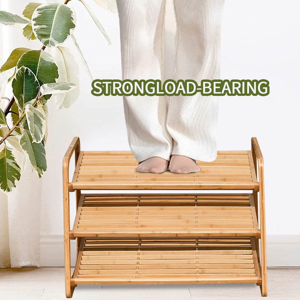 3 Tier Natural Bamboo Shoe Rack - Stackable Storage Shelf with Multi-Function Combinations  Free Standing Shoe Racks