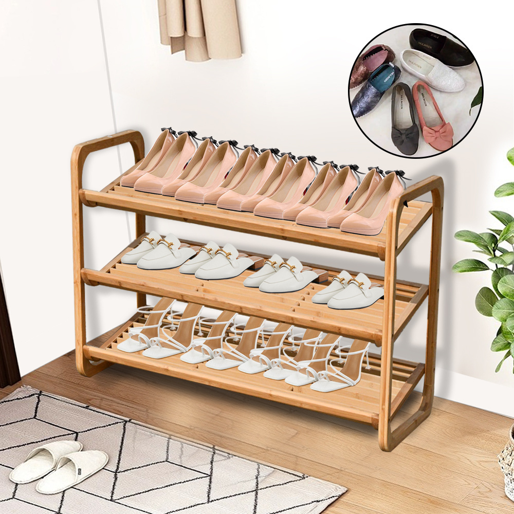 3 Tier Natural Bamboo Shoe Rack - Stackable Storage Shelf with Multi-Function Combinations  Free Standing Shoe Racks