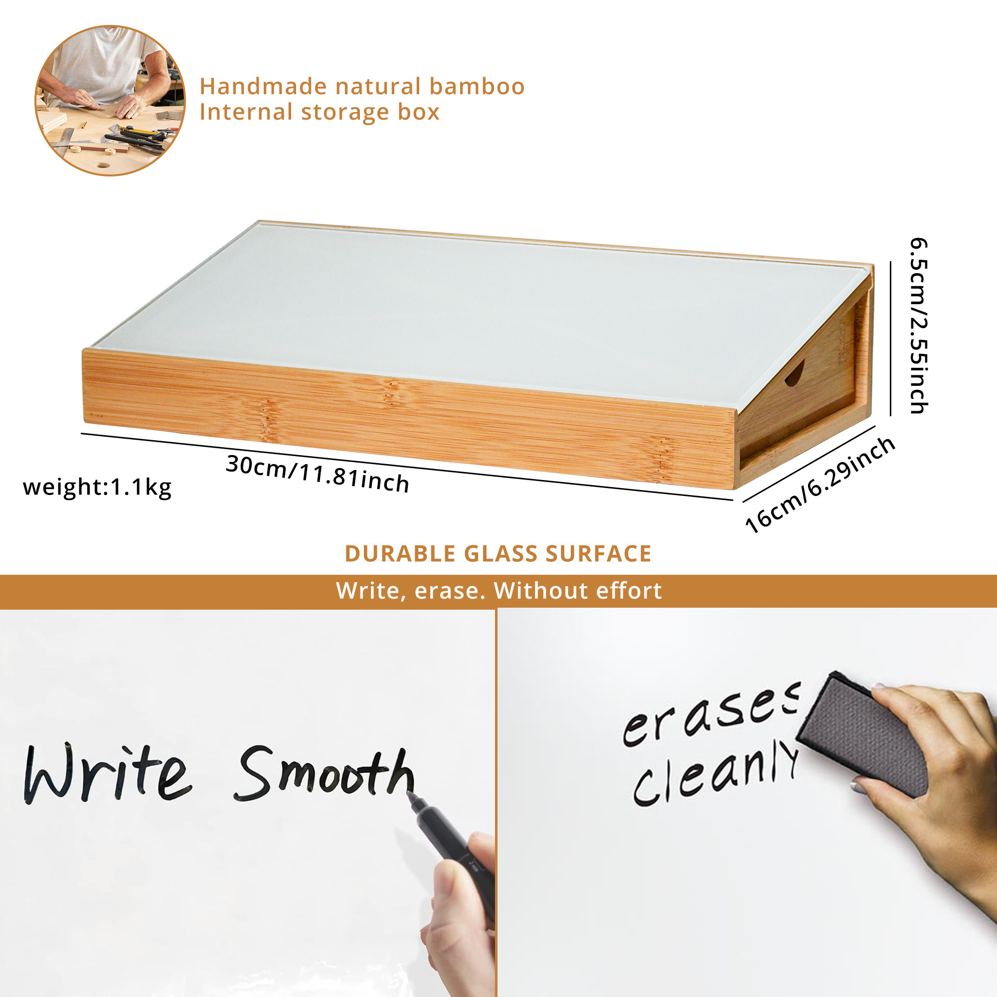 Glass Desktop Whiteboard with Bamboo Storage Drawer for Small Office Accessories, Desk Board Buddy Organizer