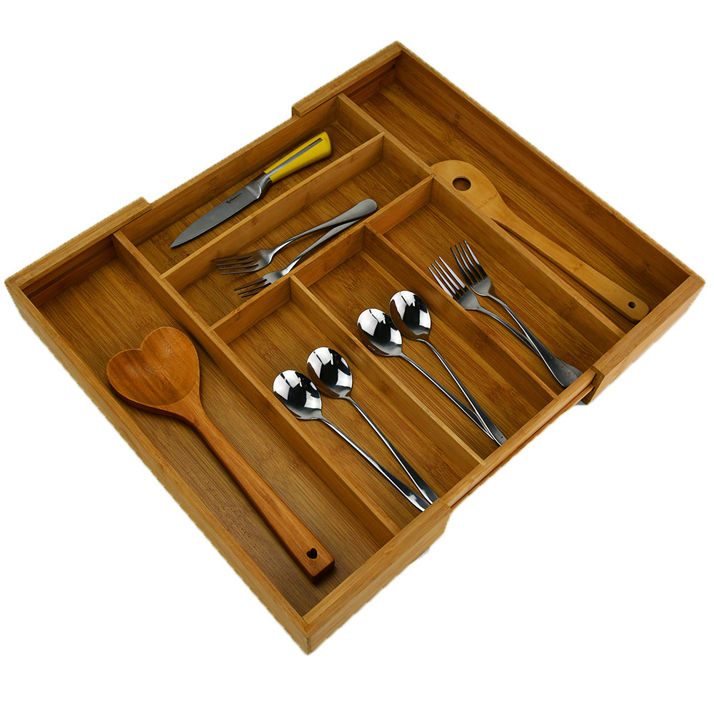 Expandable Kitchen Cabinet Organizer Bamboo Silverware Drawer Organiser Wooden Kitchen Utensil Holder and Cutlery Tray