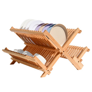 Wooden Dish Drying Holder Bamboo Plate Drainer 3 Tier Collapsible Dish Rack with Utensil Holder for Kitchen Counter