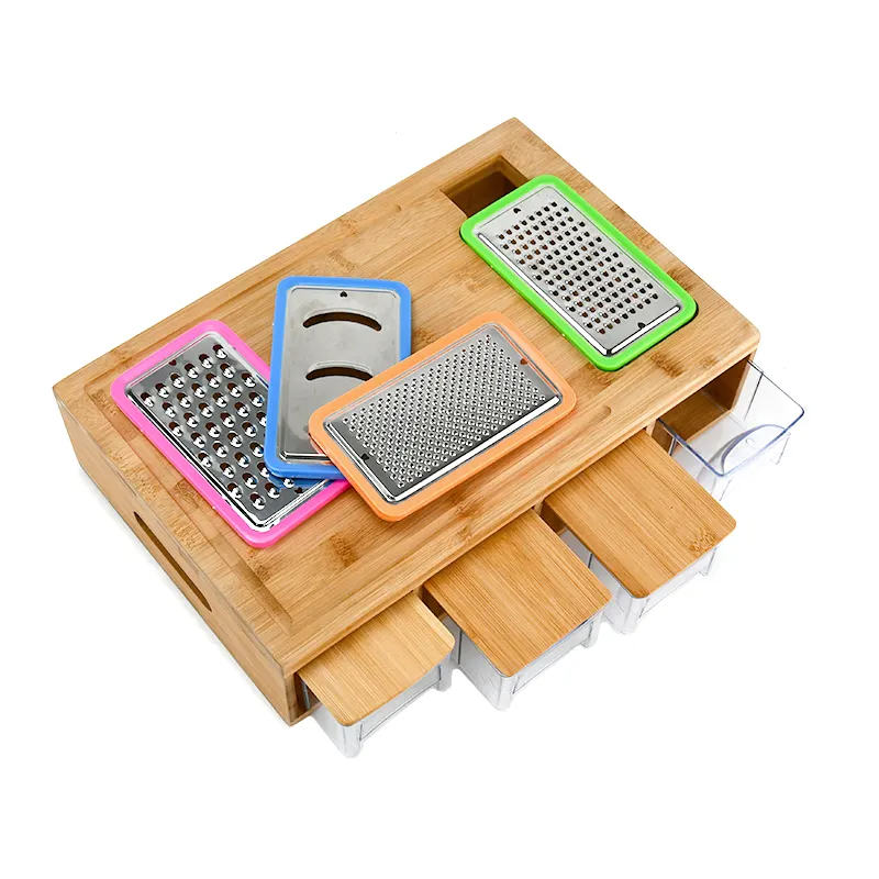 Smart Bamboo Cutting Board With 4 Containers Locking Lid, and Built-in GRATER. Easy To Clean Food Prep Station With Trays