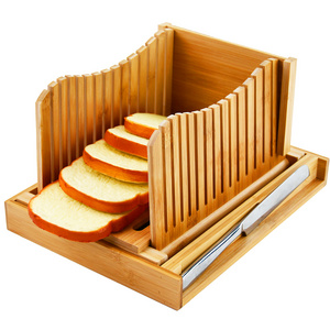 Foldable Compact Cutting Guide Bamboo Bread Slicer with Knife And Crumb Tray For Homemade Bread, Cake, Bagels