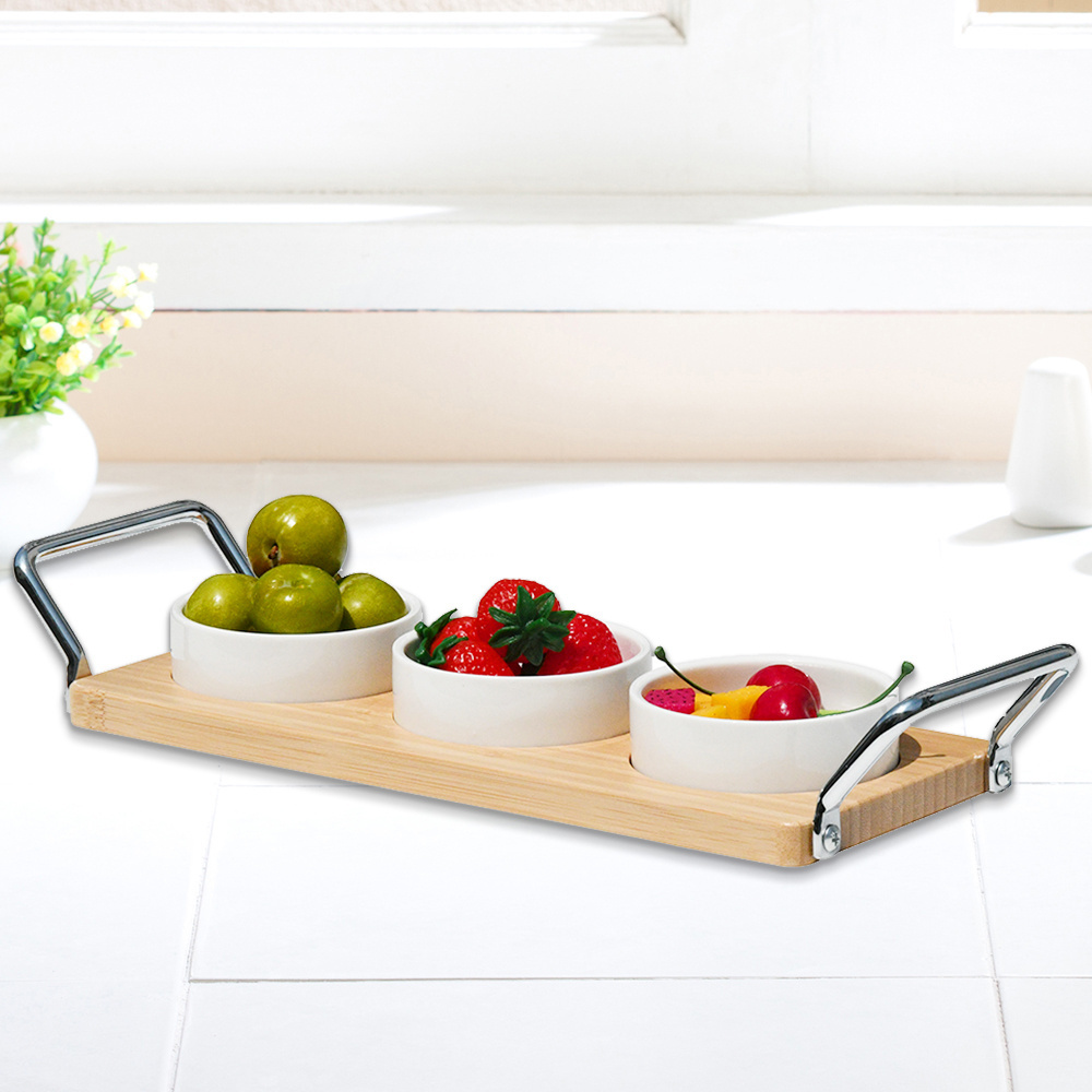 Premium Handmade Organic Natural Bamboo Serving Tray With Mental Handle, And 3 Ceramic Bowls For Nuts, Fruits Snack