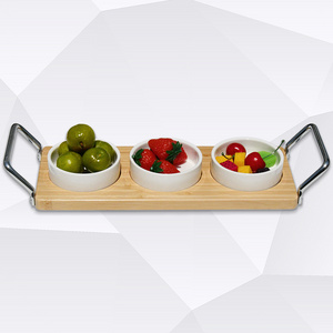 Premium Handmade Organic Natural Bamboo Serving Tray With Mental Handle, And 3 Ceramic Bowls For Nuts, Fruits Snack