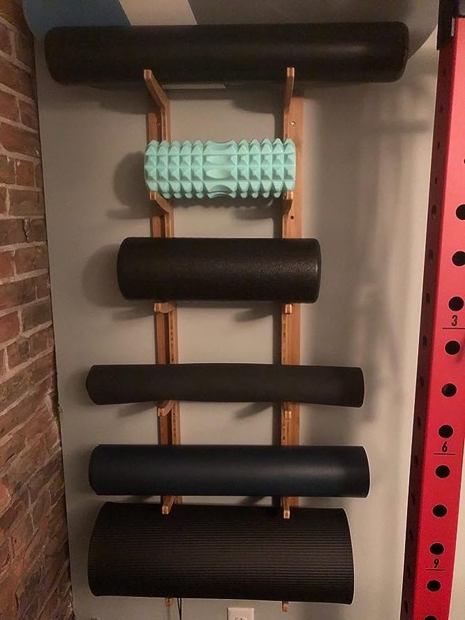 Wooden Yoga Mat Wall Holder  Gym Accessories Organizer for Home  Custom Wall Mounted Bamboo Storage Shelf Rack