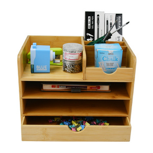 YOULIKE 4 Tier Bamboo Desktop Storage Office Organizer Desk File Holder Paper Letter Tray with Drawer and Pen Holder