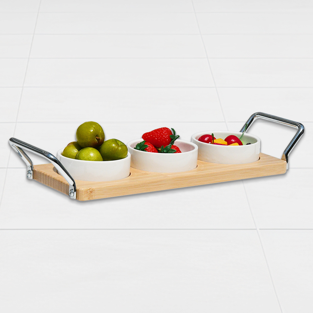 Premium Handmade Organic Natural Bamboo Serving Tray With Mental Handle, And 3 Ceramic Bowls For Nuts, Fruits Snack