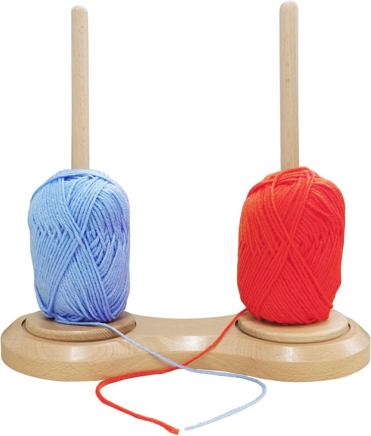 Double Wooden Yarn Holder Revolving Sewing Kit Stand for Dispensing and Holding Balled Skeins for Crocheting or Knitting