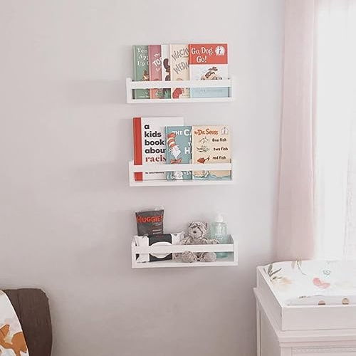 Wall Decor Solid Wood Floating Bookshelf Set of 3 White Nursery Book Shelves for Kids Bedroom