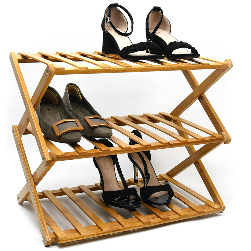 Bamboo 3-Tier Shoe Shelf Foldable Bamboo Shoe Rack Multi-functional Free Standing Shoe Shelf Storage Organizer