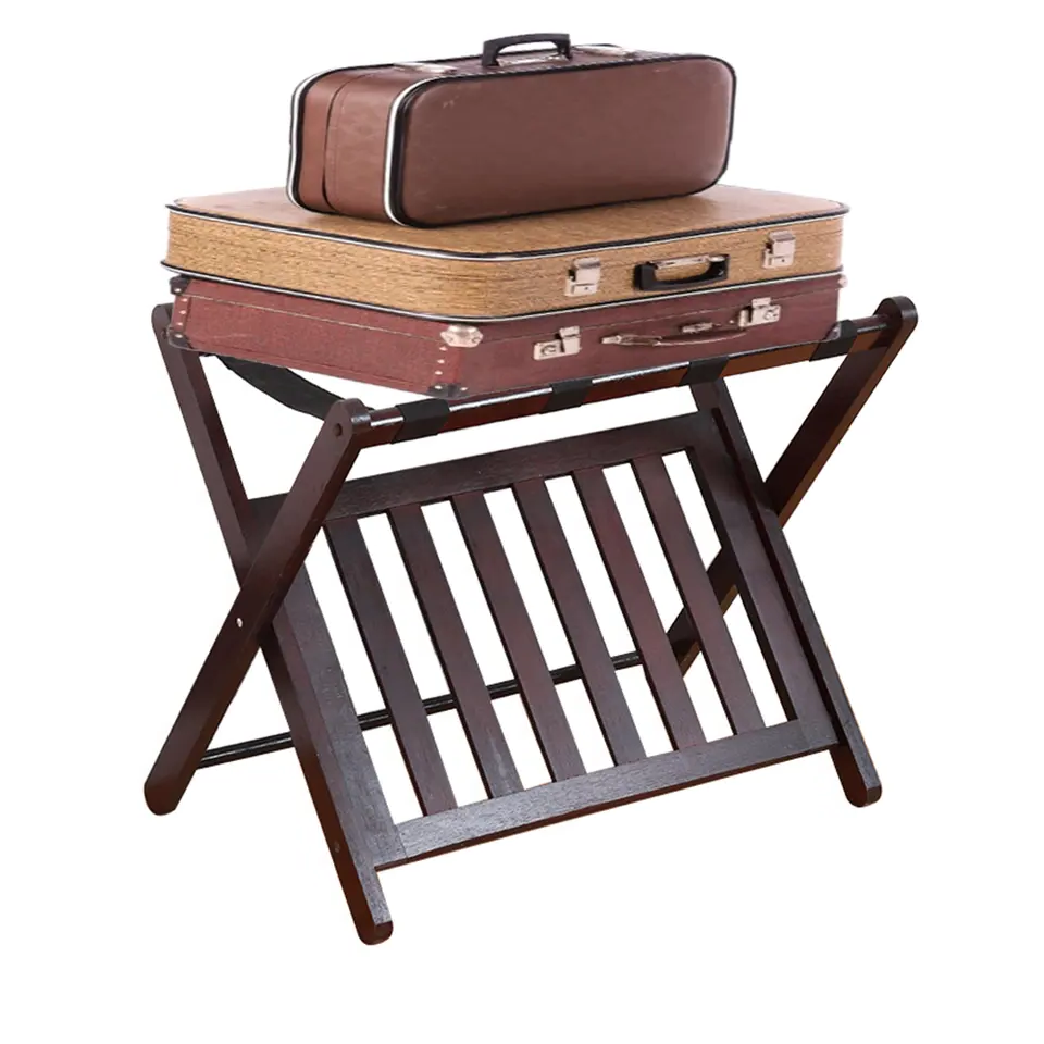 Fully Assembled Brown Bamboo Folding Luggage Rack Suitcase Stand with Shoe Storage Shelf for Guest Room Bedroom Hotel