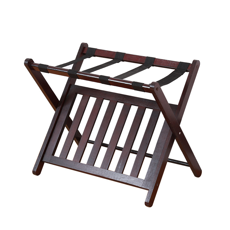 Fully Assembled Brown Bamboo Folding Luggage Rack Suitcase Stand with Shoe Storage Shelf for Guest Room Bedroom Hotel