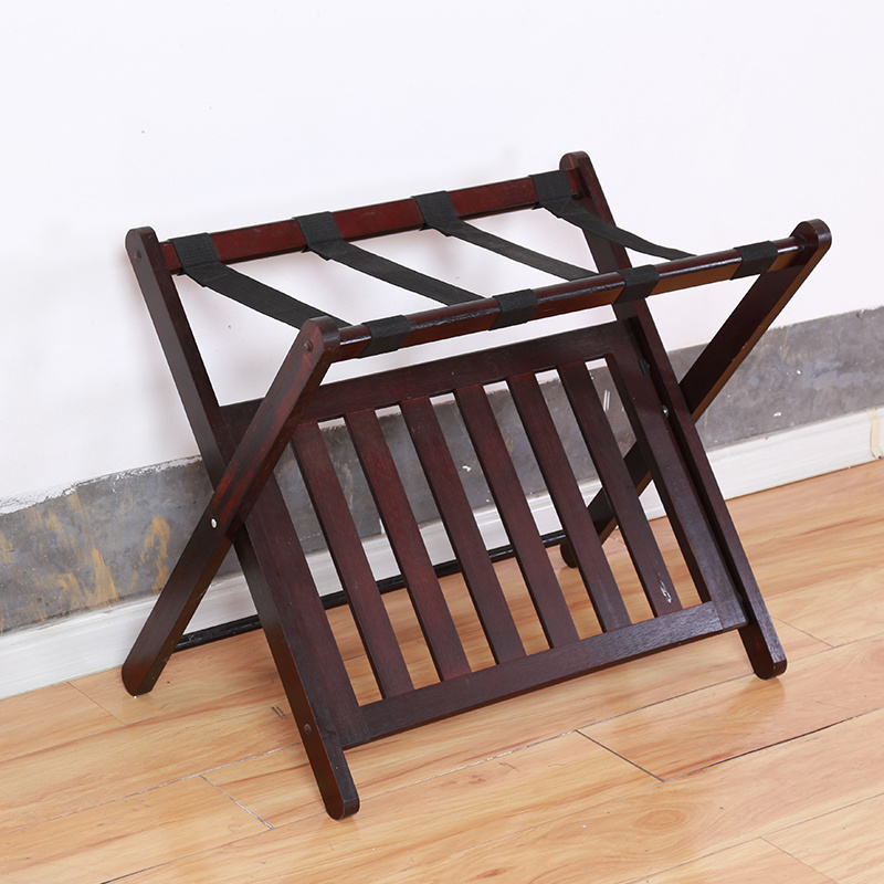 Fully Assembled Brown Bamboo Folding Luggage Rack Suitcase Stand with Shoe Storage Shelf for Guest Room Bedroom Hotel