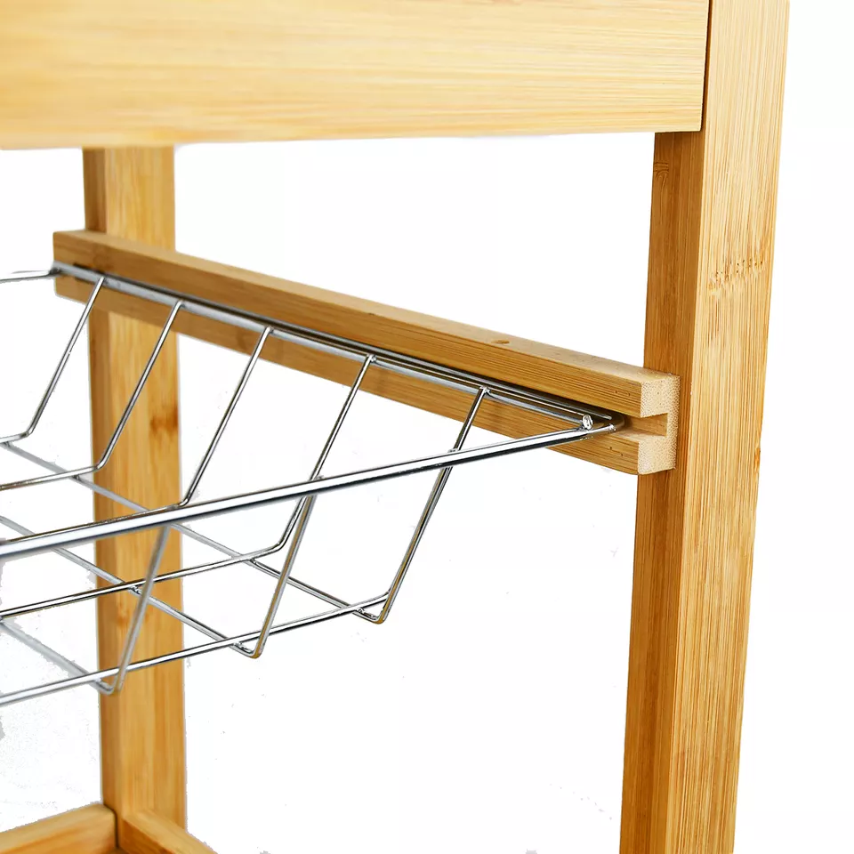 4-Tier Storage Shelf Unit On Wheels Bamboo Kitchen Serving Storage Trolley Utility Cart Bathroom Rack