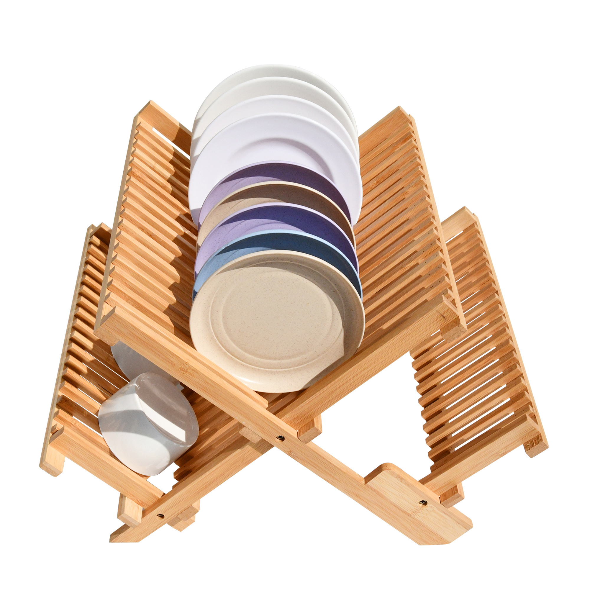 Wooden Dish Drying Holder Bamboo Plate Drainer 3 Tier Collapsible Dish Rack with Utensil Holder for Kitchen Counter