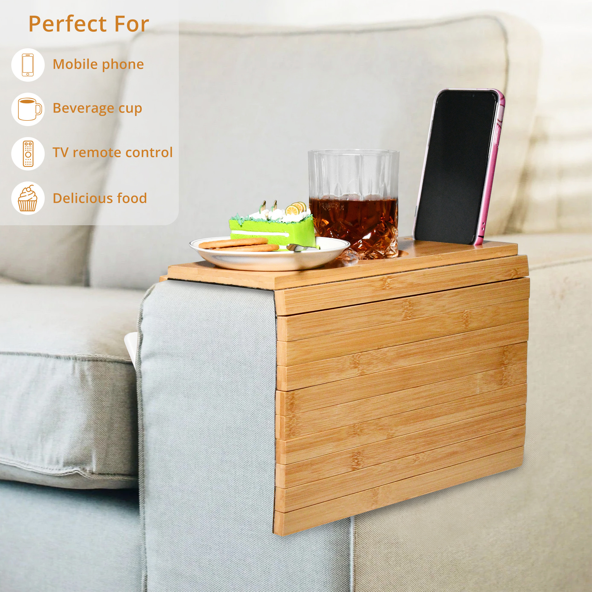 Youlike Sofa Arm Rest Tray Table Bamboo Couch Flexible Foldable Cup Holder Perfect For Drinks Snacks