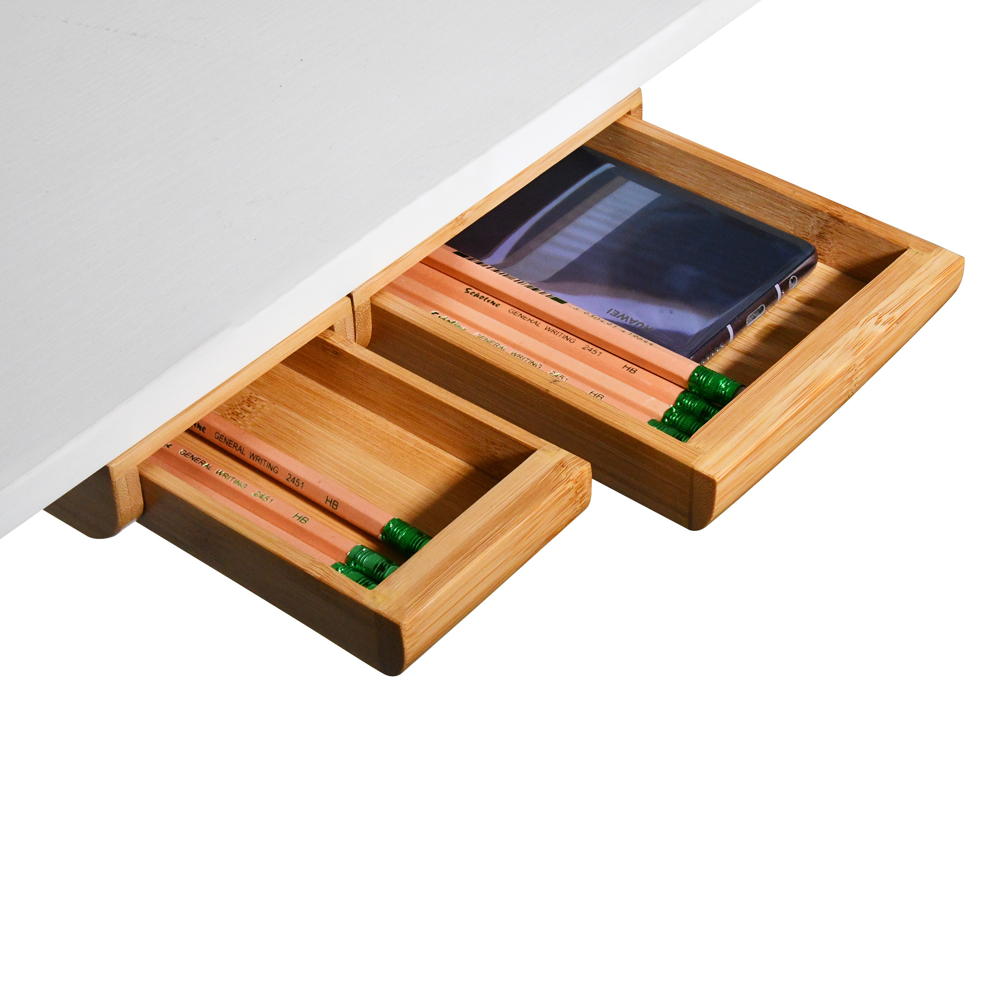 Wood Under Desk Drawer Storage Box Hidden Self-adhesive Organizer Attachable Bamboo Pencil Phone Holder Stick on Desk Drawer