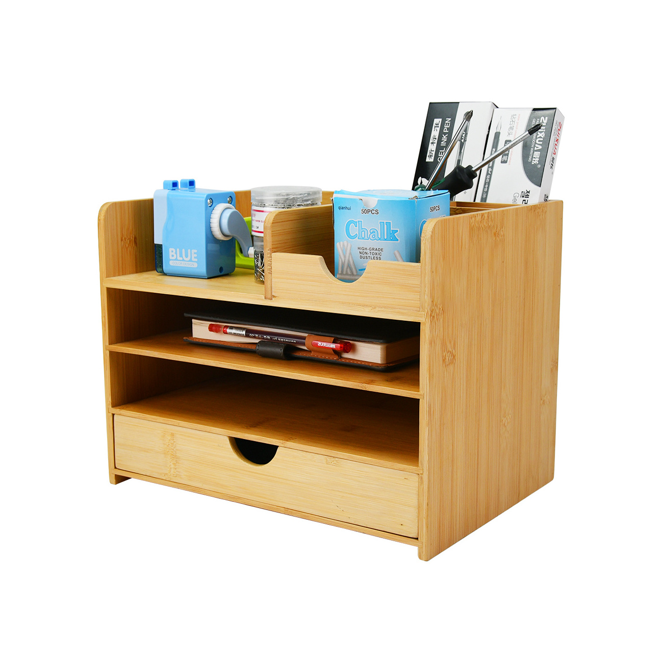 YOULIKE 4 Tier Bamboo Desktop Storage Office Organizer Desk File Holder Paper Letter Tray with Drawer and Pen Holder