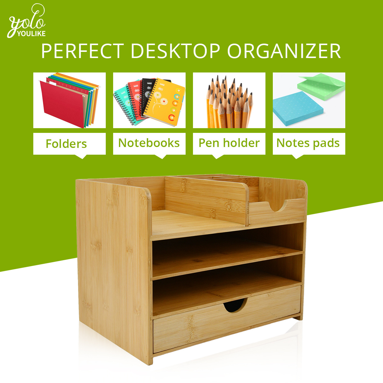 YOULIKE 4 Tier Bamboo Desktop Storage Office Organizer Desk File Holder Paper Letter Tray with Drawer and Pen Holder