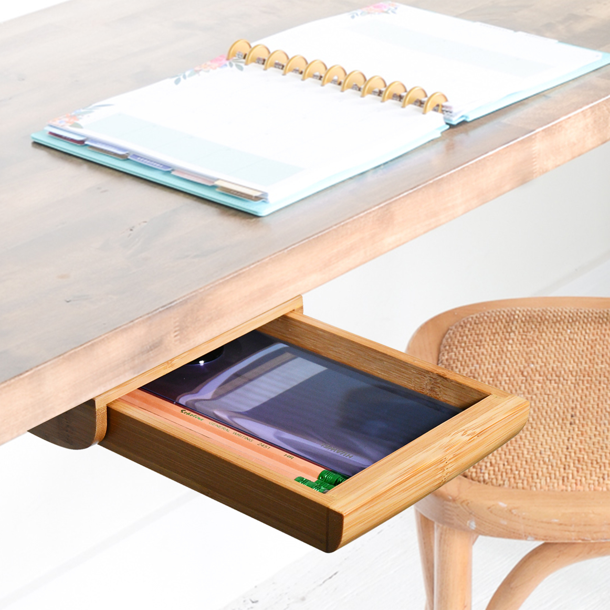 Wood Under Desk Drawer Storage Box Hidden Self-adhesive Organizer Attachable Bamboo Pencil Phone Holder Stick on Desk Drawer