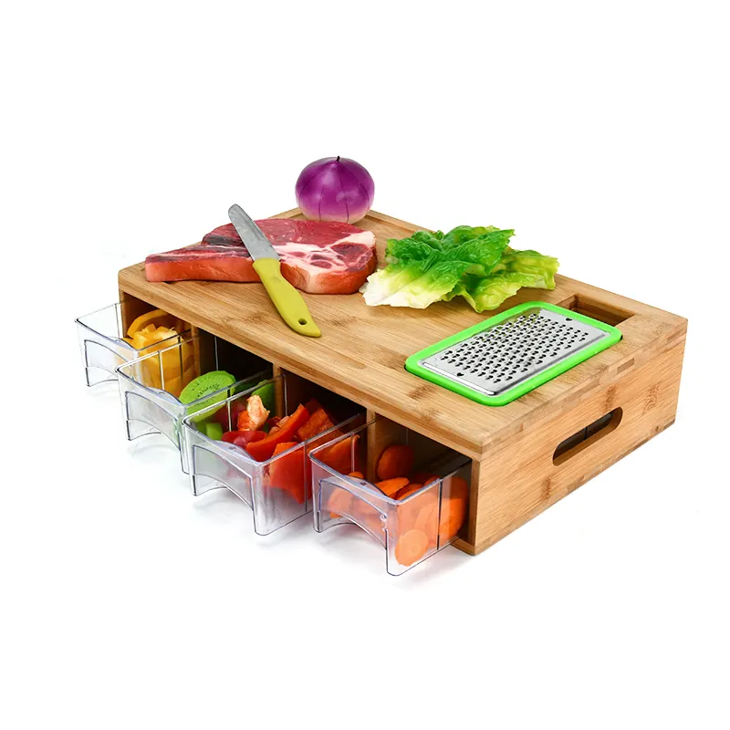 Smart Bamboo Cutting Board With 4 Containers Locking Lid, and Built-in GRATER. Easy To Clean Food Prep Station With Trays