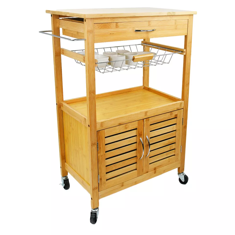 4-Tier Storage Shelf Unit On Wheels Bamboo Kitchen Serving Storage Trolley Utility Cart Bathroom Rack