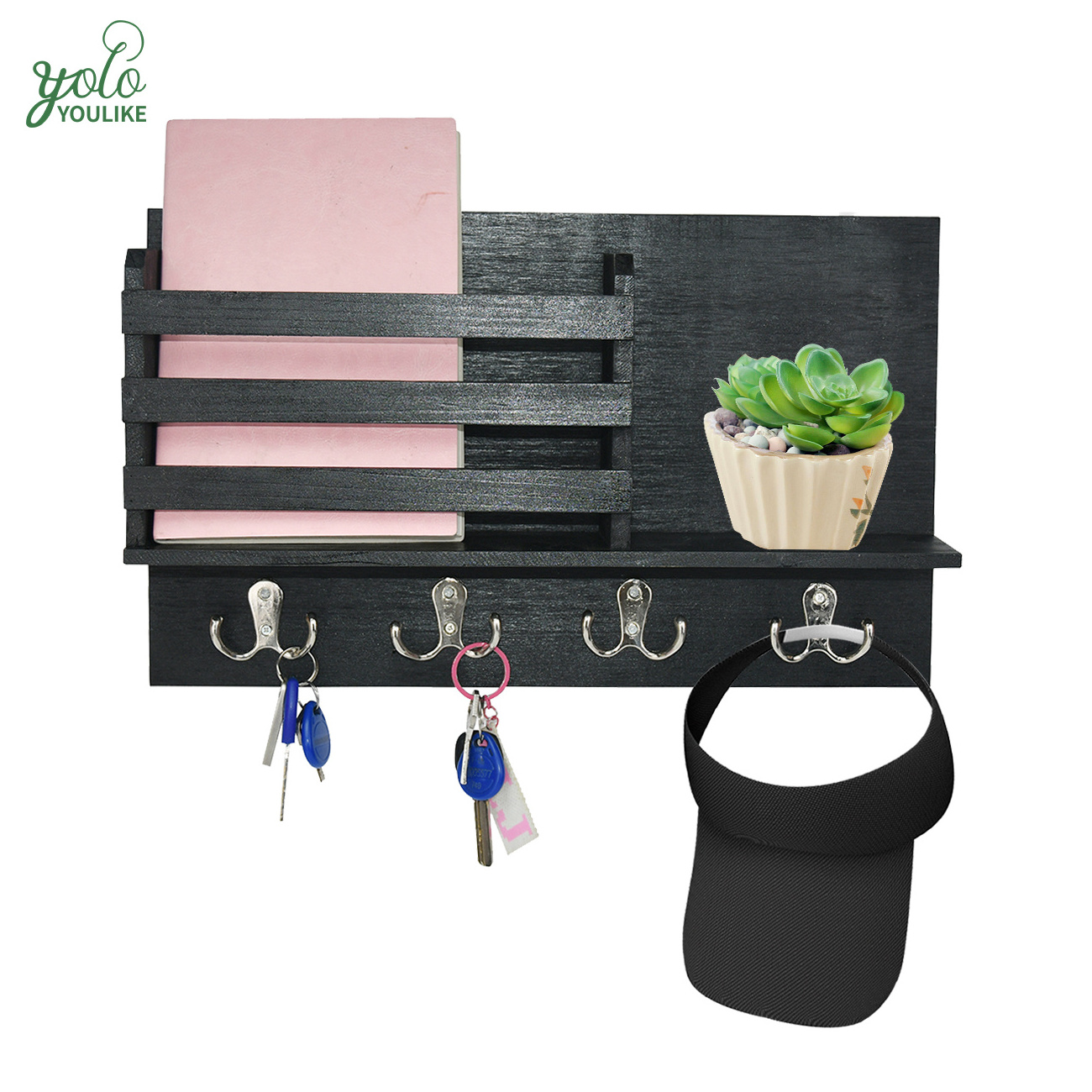 Wall Mount Bamboo Storage Rack Organizer Wood Key and  Mail Holder for Wall with Shelf,Black Home Decorative with 4 Hooks