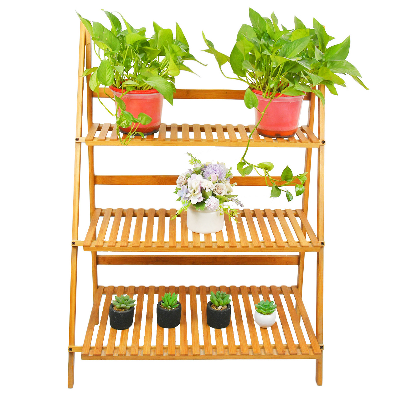 Multi-layer Flower Stand Plant Pot Rack Storage Shelf Bamboo Display Ladder Shelves 3-Tier Planter Shelving Folding