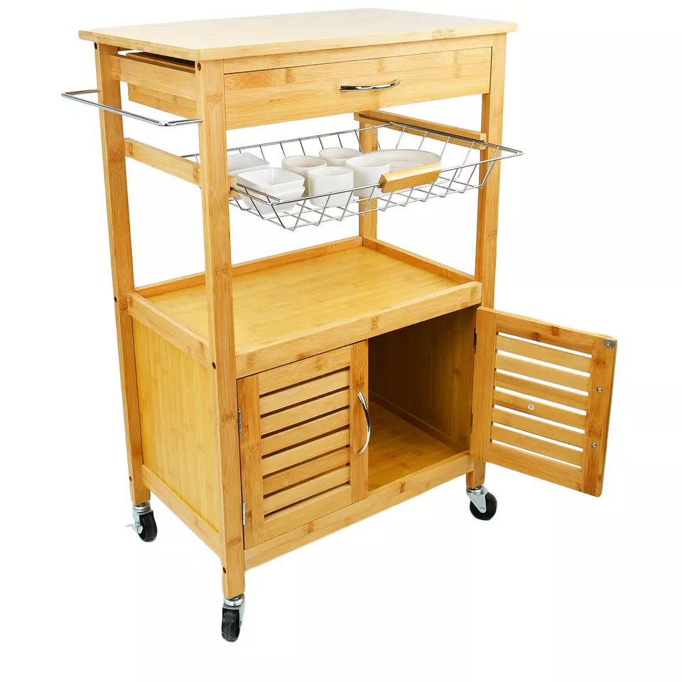 4-Tier Storage Shelf Unit On Wheels Bamboo Kitchen Serving Storage Trolley Utility Cart Bathroom Rack