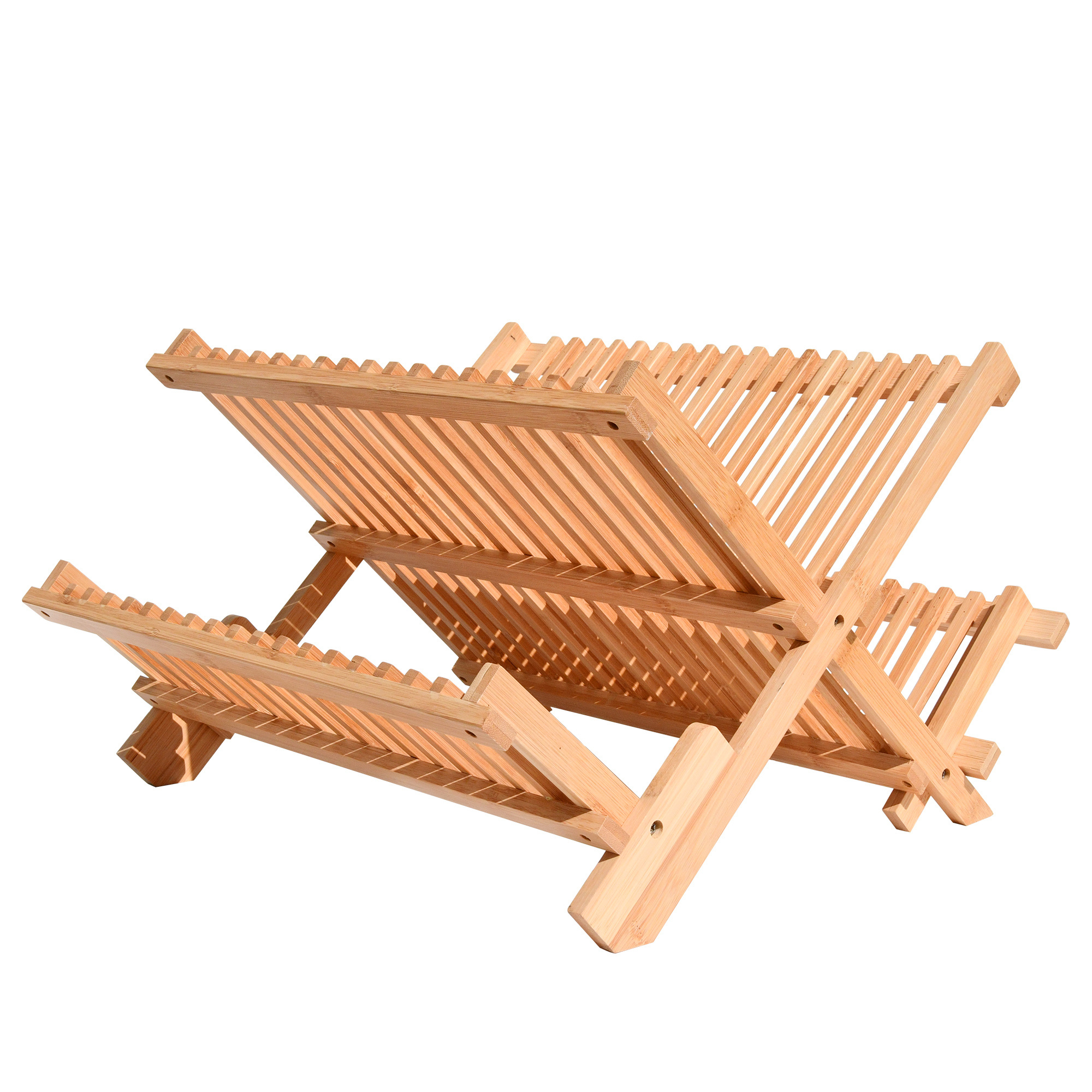 Wooden Dish Drying Holder Bamboo Plate Drainer 3 Tier Collapsible Dish Rack with Utensil Holder for Kitchen Counter