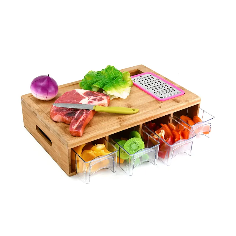 Smart Bamboo Cutting Board With 4 Containers Locking Lid, and Built-in GRATER. Easy To Clean Food Prep Station With Trays