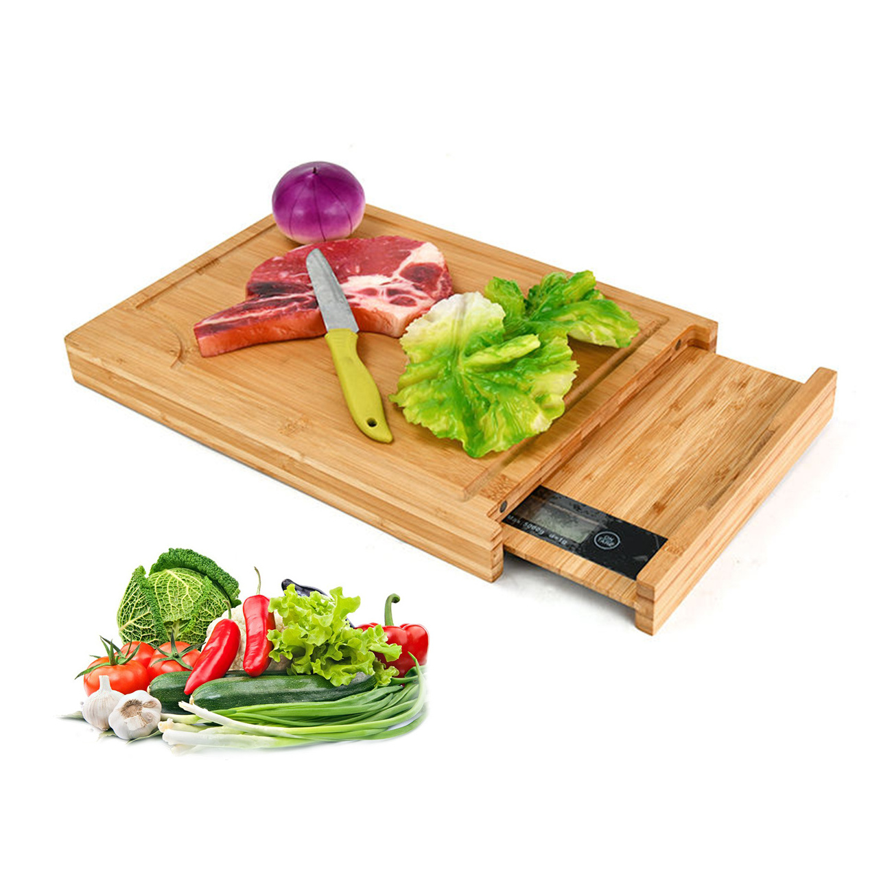 Kitchen Wooden Chopping Block Cutting Boards & Tray Bamboo Smart Cut Board with Removable Food Scale Digital