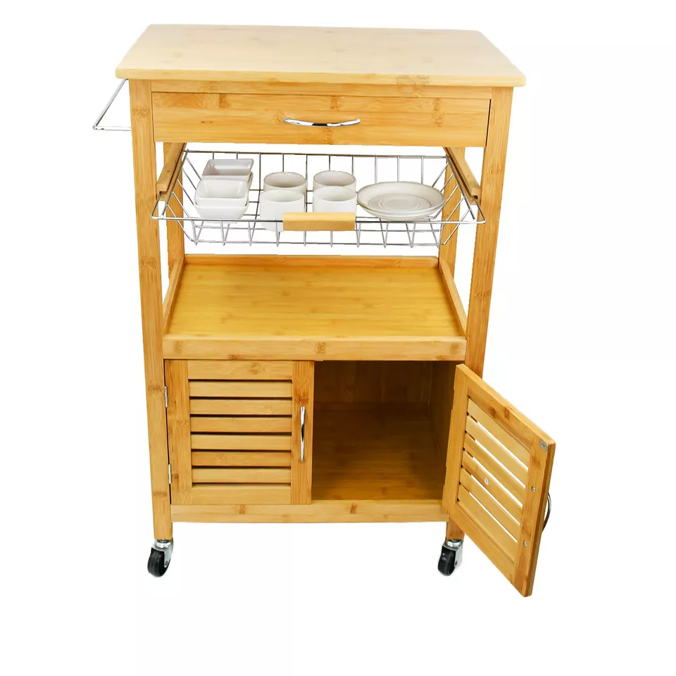 4-Tier Storage Shelf Unit On Wheels Bamboo Kitchen Serving Storage Trolley Utility Cart Bathroom Rack