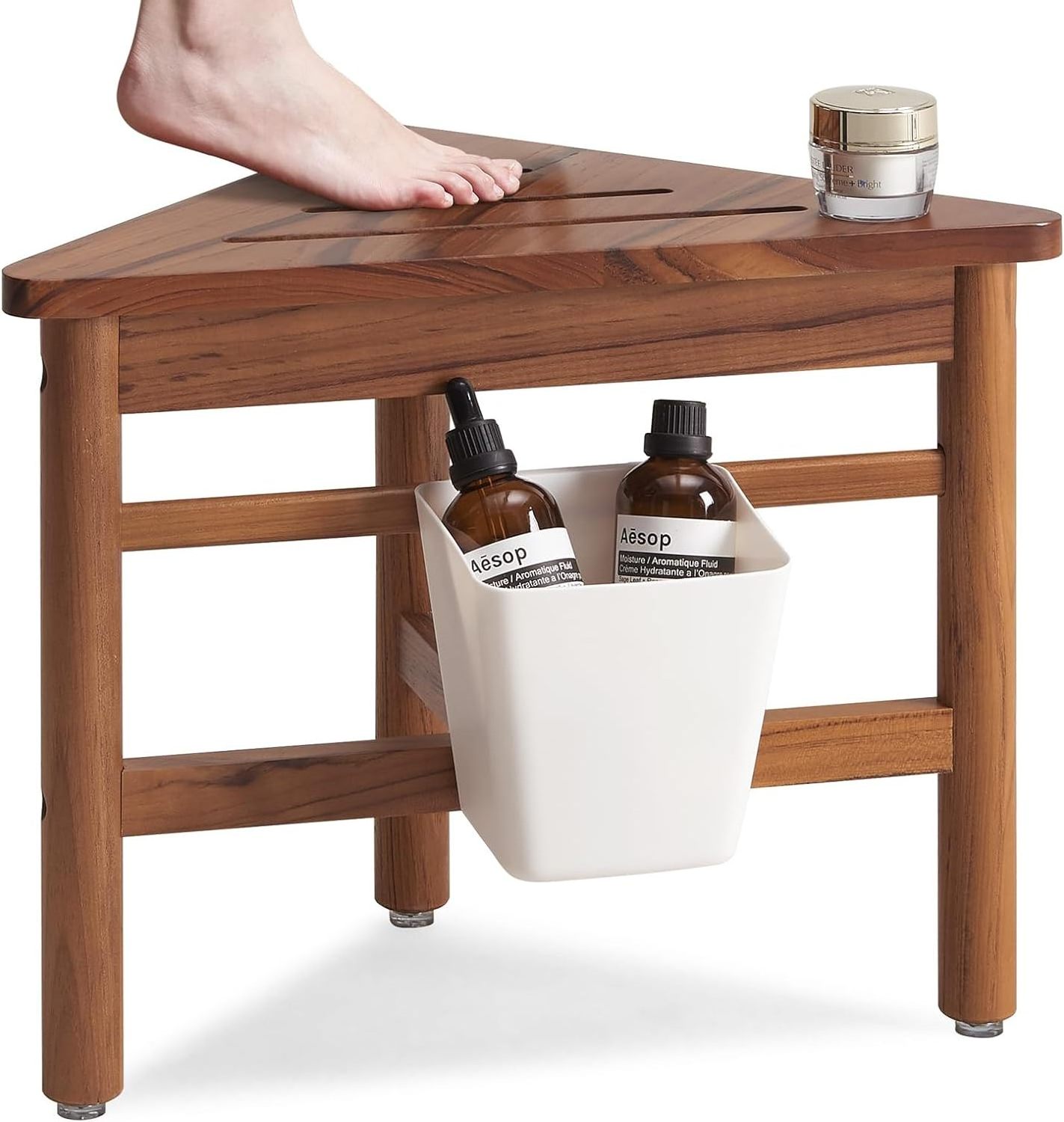 Waterproof Teak Corner Shower Bench with Storage Wood Shower Stool for Foot Rest in Bathroom Home Office