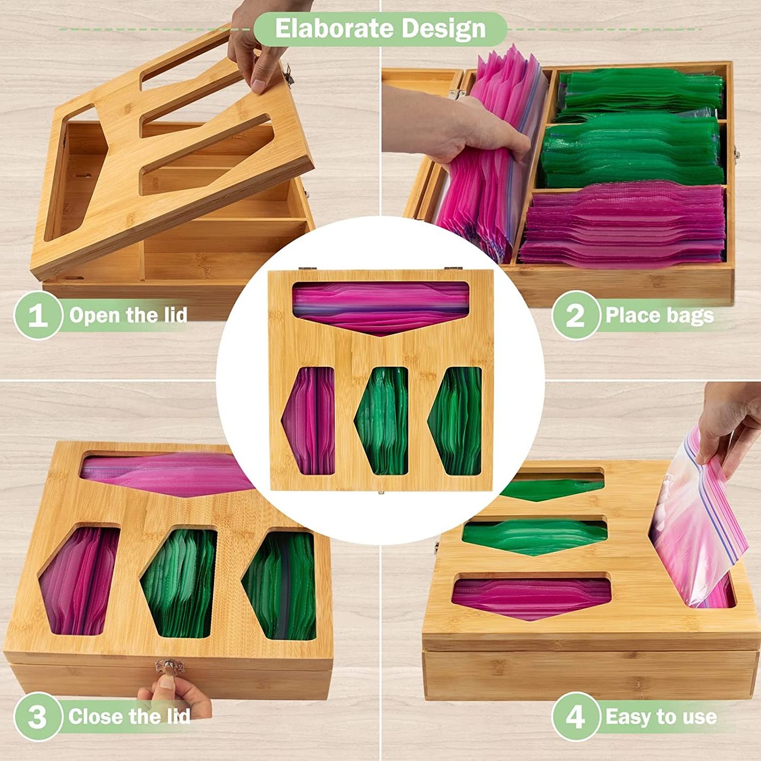 Wood Food Storage Bag Holders Bamboo Ziplock Bag Storage Organizer and Dispenser for Kitchen Drawer